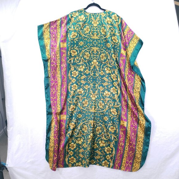 Winlar Multicolor Colorful Bold Boho Satin Floral Moo Moo Kaftan Maxi Dress - Picture 8 of 10